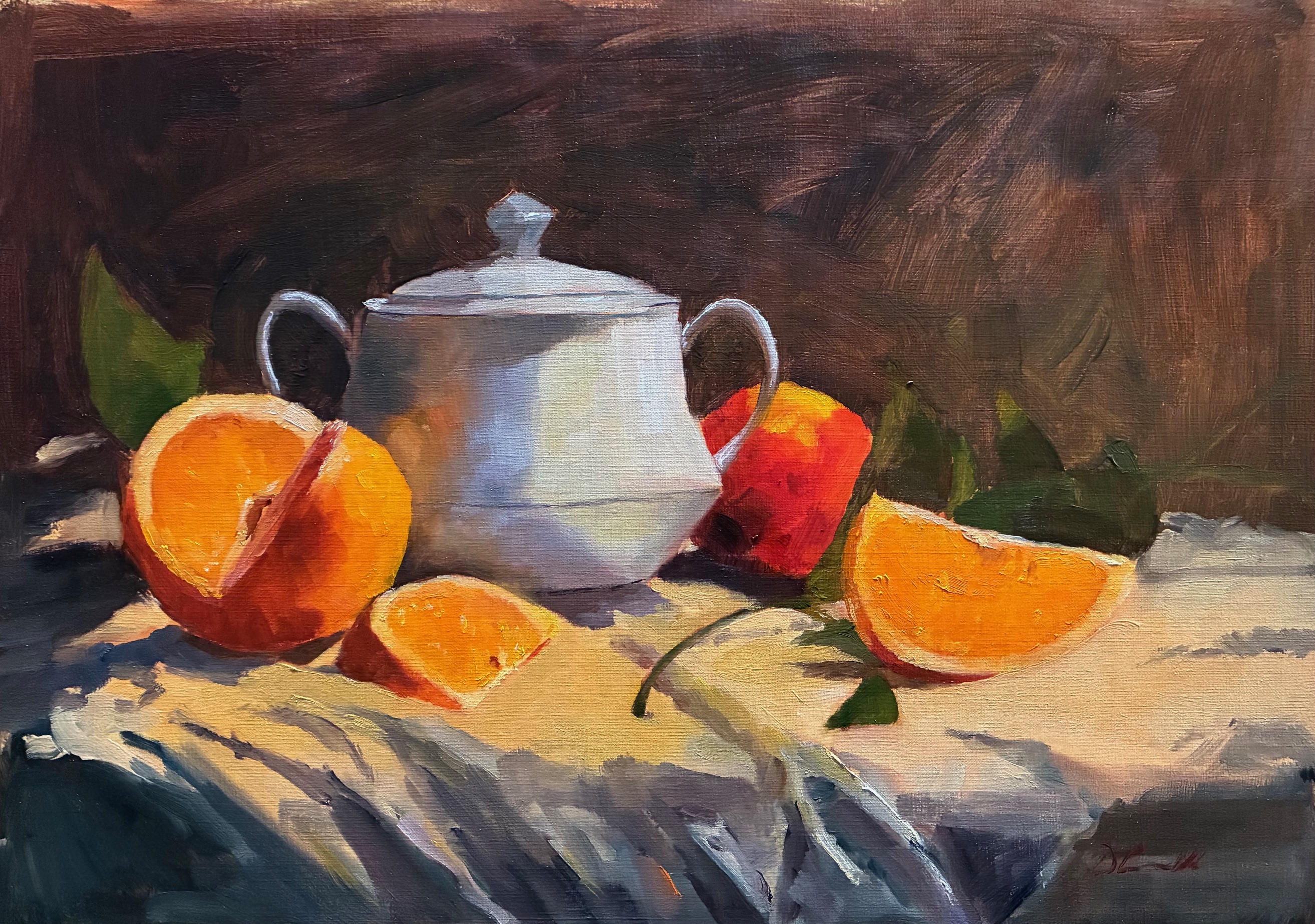 Oranges and sugar bowl 14 x 10 inches oil on linen paper