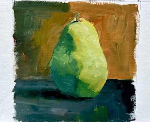 Colour study pear. I had a problem with taking the photo. The actual painting has dark darks and a better tone value range.