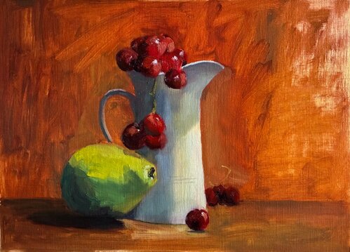White jug, pear and grapes 14 x 10 inches