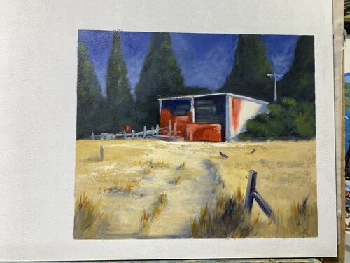 Ruakaka barn, 12x10” oil on panel 