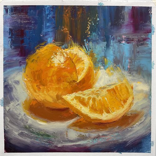 Orange in two layers, oil on canvas, should do more layers for this style, but want to go on 😅 Artist: Silke Sauritz