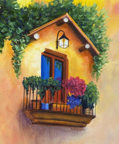Balcony in Bloom - Oil on linen canvas pad