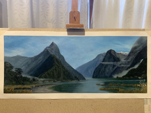 Milford Sound, by Mark Price 1m x 40cm oil on loose canvas . 