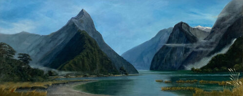 Milford Sound, by Mark Price 1m x 40cm oil on loose canvas.