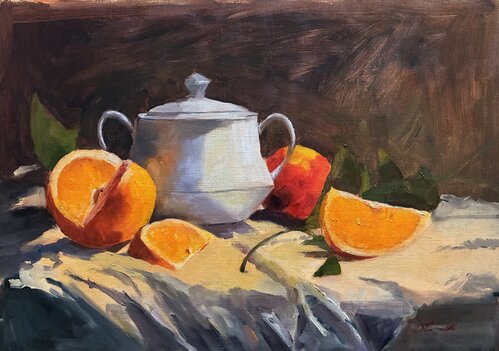 Oranges and sugar bowl - 14 x 10 inches oil on linen paper 
