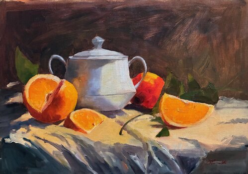 Oranges and sugar bowl 14 x 10 inches oil on linen paper