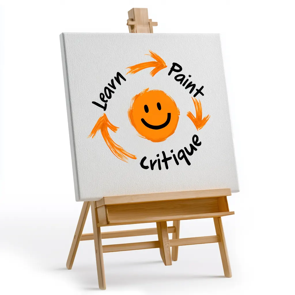 Easel painting showing the Learn, Paint, Critique cycle