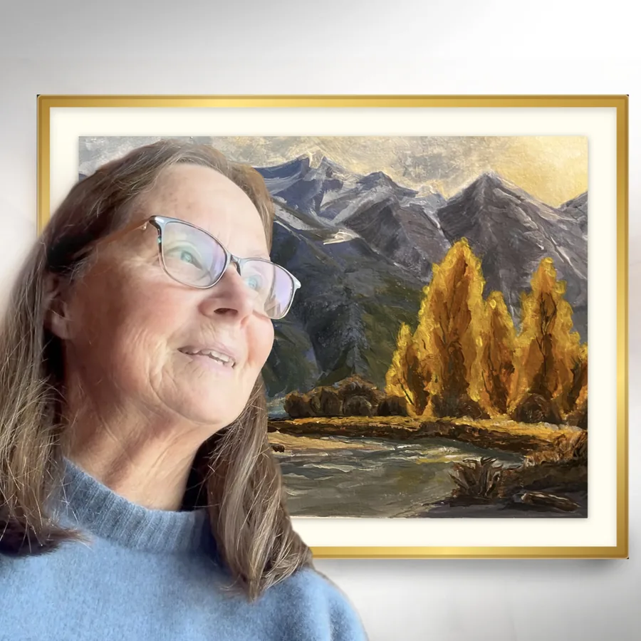 Cheryl Bollen beside her framed landscape painting