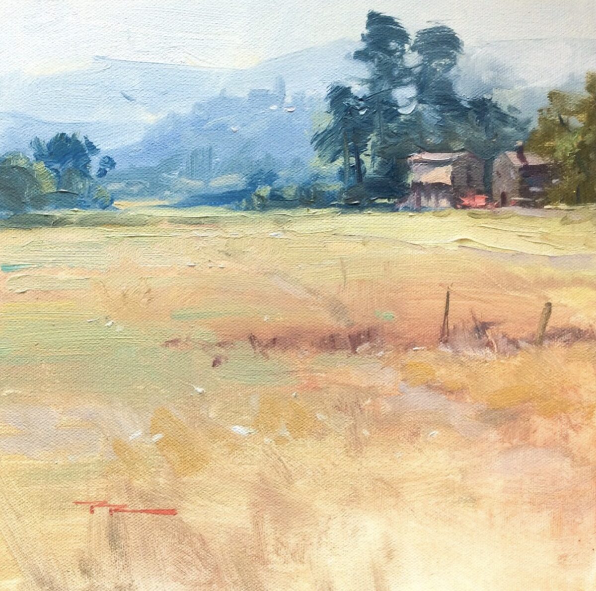 Oil landscape painting — Tuscan fields and farmhouse