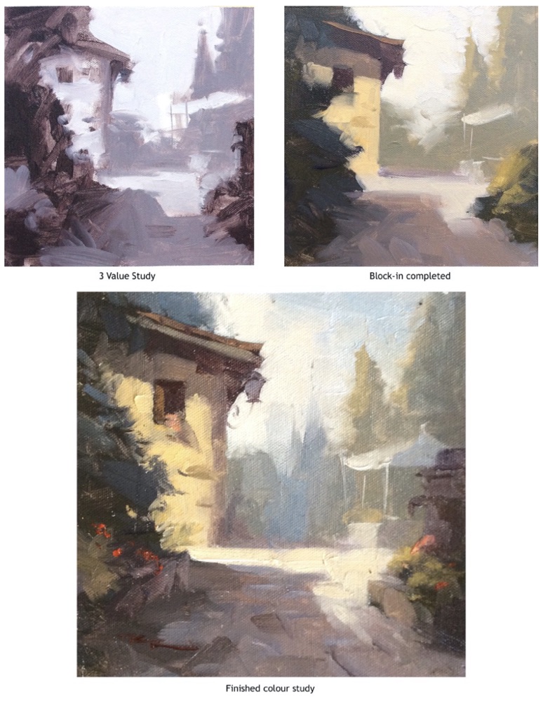 Oil painting process — three value study, block-in, and finished colour study