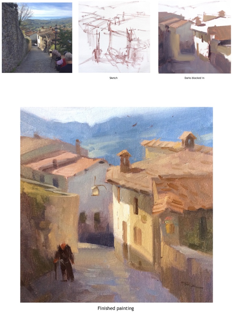 Plein air painting process — sketch, darks blocked in, and finished painting