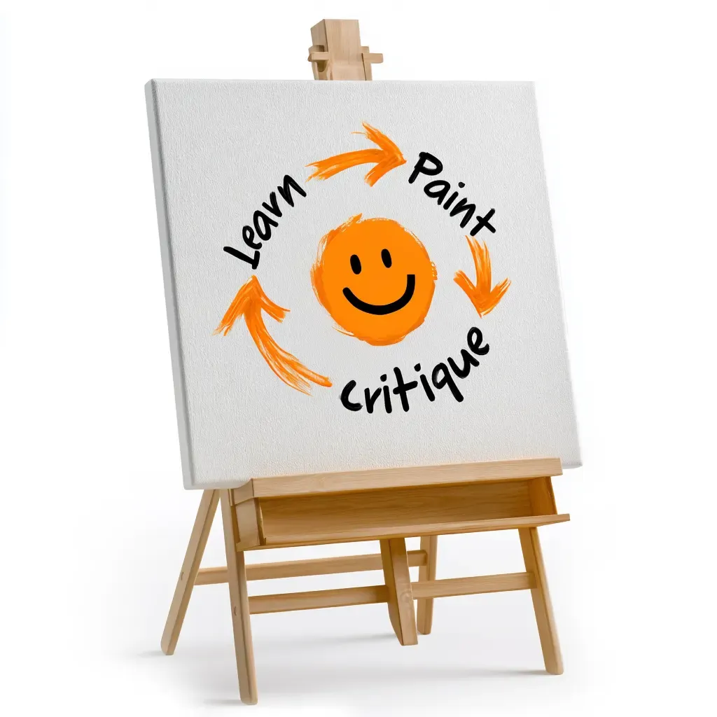 An easel showing the Learn, Paint, Critique cycle