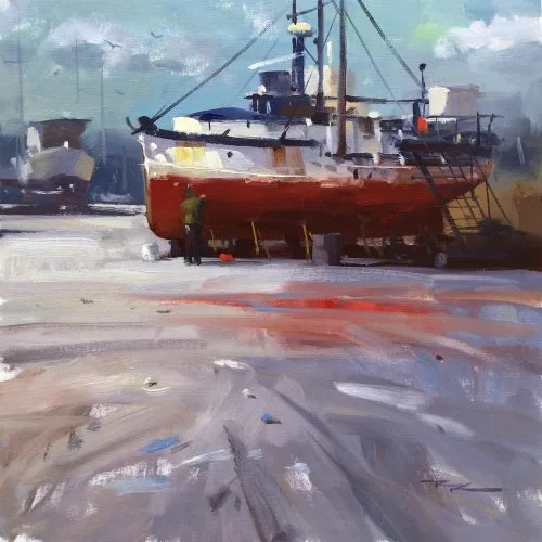 Sample painting of a red-hulled boat in a misty harbour