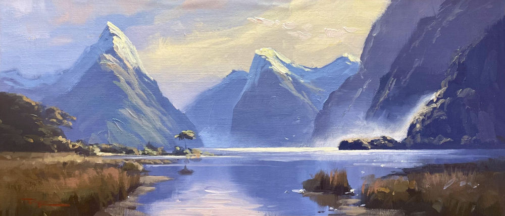 Milford Sound painting with snow-capped mountains